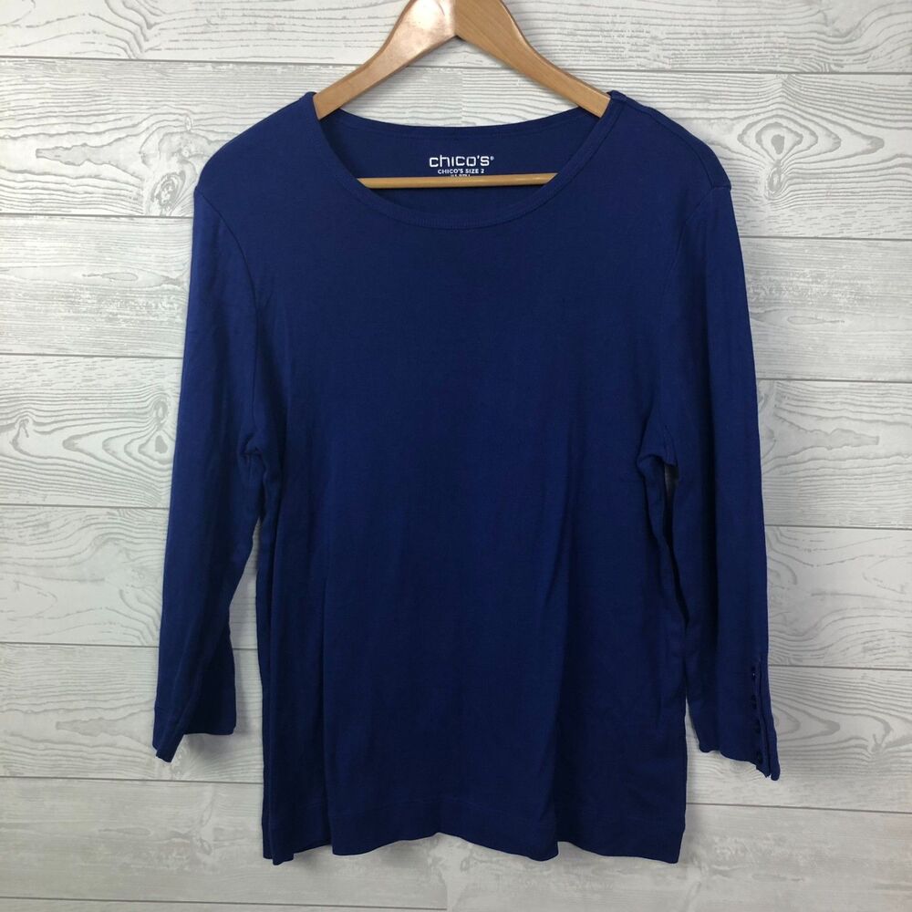 Chico's Women's Size 2/Large Scoop Neck Tee Shirt 3/4 Sleeve 100% Cotton Blue